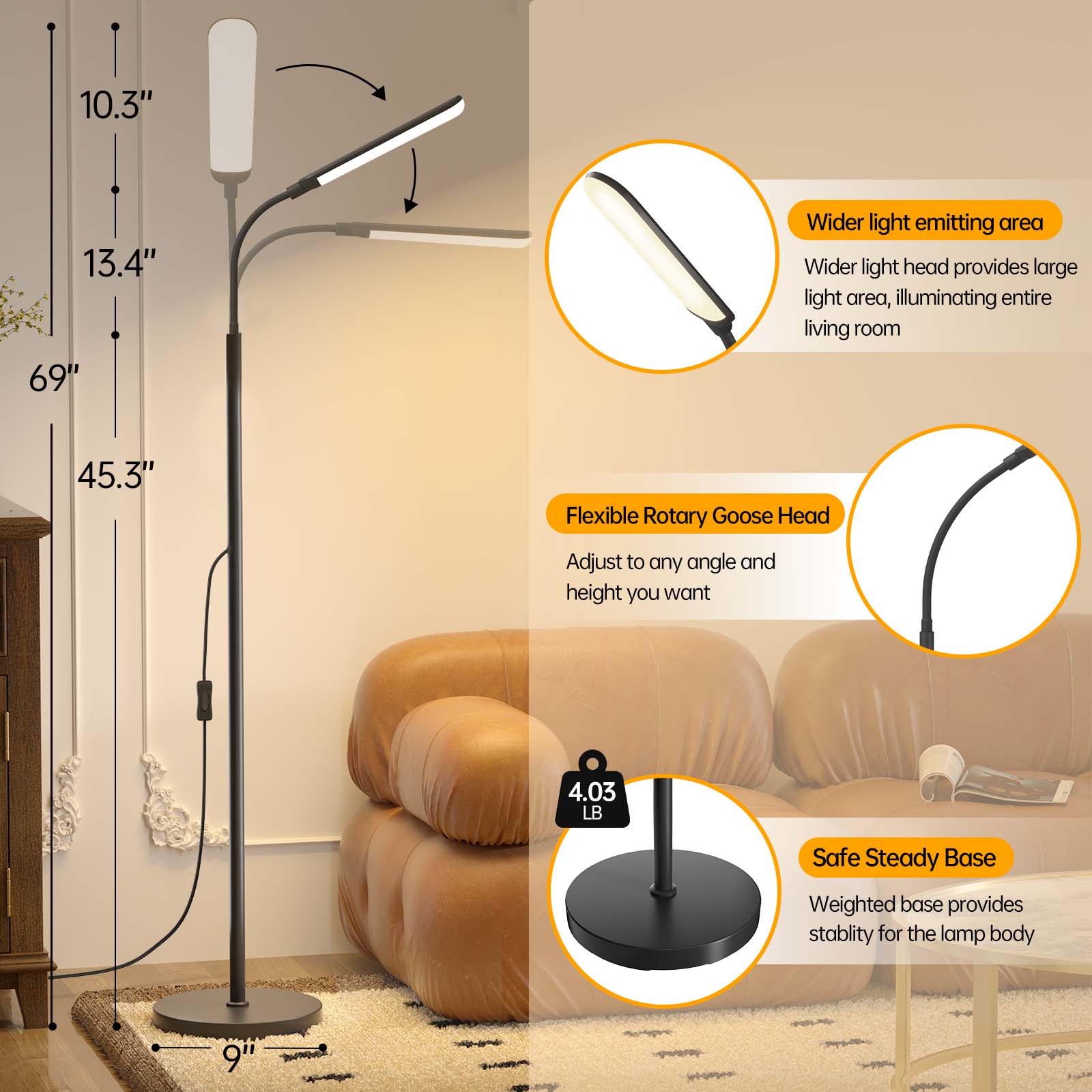 Aisutha LED Floor Lamp for Living Room – 18W Adjustable Brightness & Color, Eye-Caring Reading Light with Remote